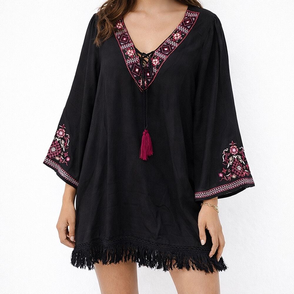 ZL Europe Black Boho Embroidered Tassel Tunic Top Fringe V Neck Size L beach